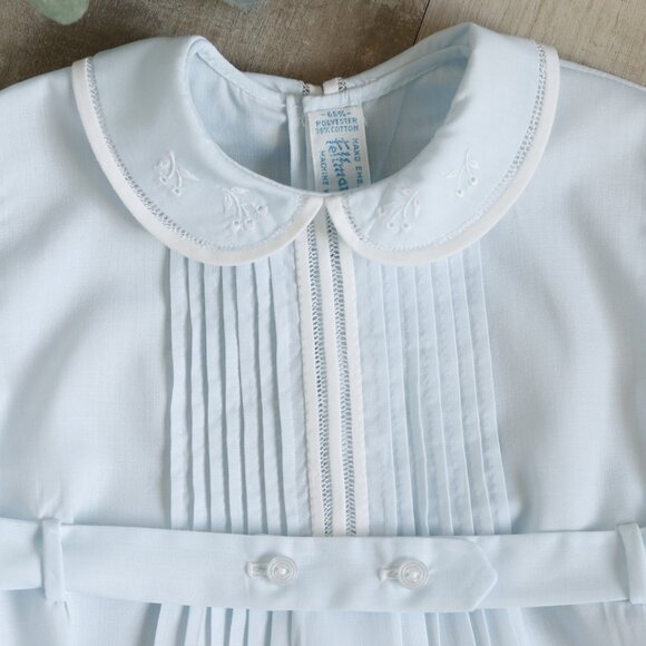 RARE Blue Heirloom PinTucked Button Belted Creeper Feltman Brothers 3 Months NEW - Picture 2 of 4